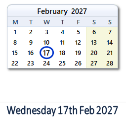 17 February 2027 calendar