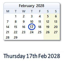 17 February 2028 calendar