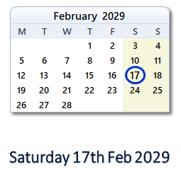 17 February 2029 calendar
