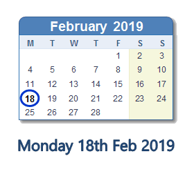 18 February 2019 calendar
