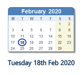 18 February 2020 calendar