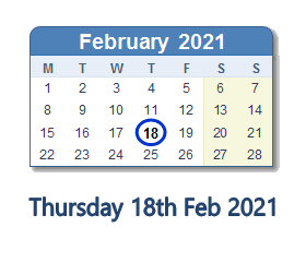 18 February 2021 calendar