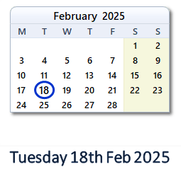 18 February 2025 calendar