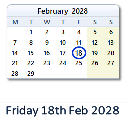 18 February 2028 calendar