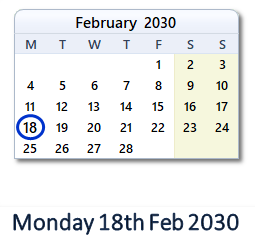 18 February 2030 calendar