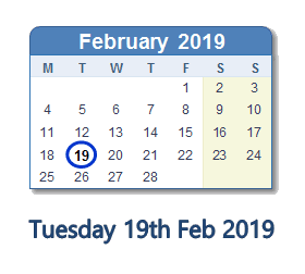 19 February 2019 calendar