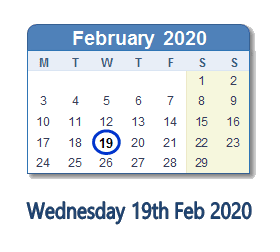 19 February 2020 calendar