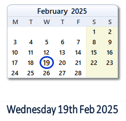 19 February 2025 calendar