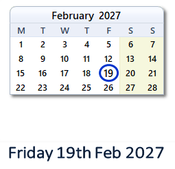 19 February 2027 calendar