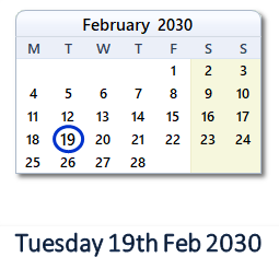 19 February 2030 calendar