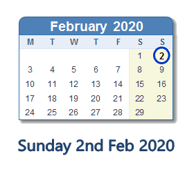 2 February 2020 calendar