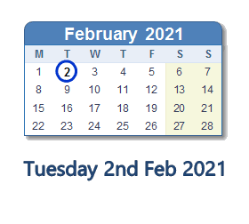 2 February 2021 calendar