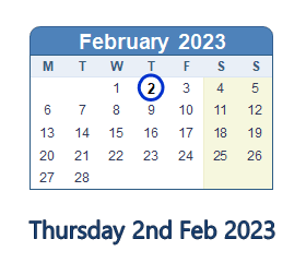 2 February 2023 calendar