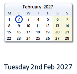 2 February 2027 calendar