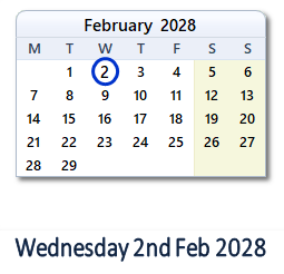 2 February 2028 calendar