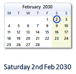 2 February 2030 calendar