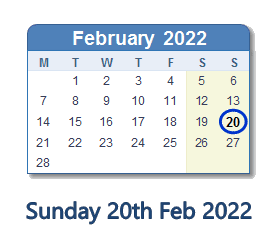 20 February 2022 calendar