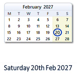 20 February 2027 calendar