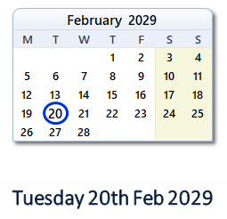 20 February 2029 calendar