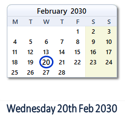 20 February 2030 calendar
