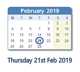 21 February 2019 calendar