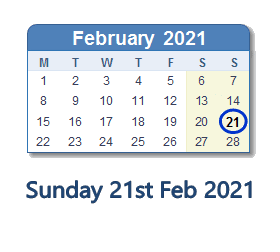 21 February 2021 calendar