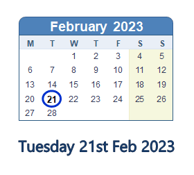 21 February 2023 calendar