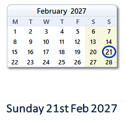 21 February 2027 calendar