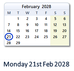 21 February 2028 calendar