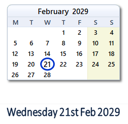 21 February 2029 calendar