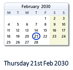 21 February 2030 calendar