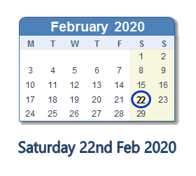 22 February 2020 calendar