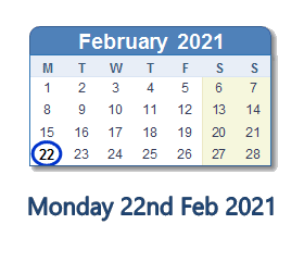 22 February 2021 calendar