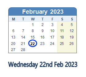 22 February 2023 calendar