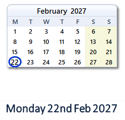 22 February 2027 calendar