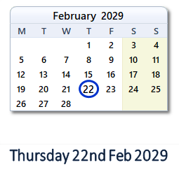 22 February 2029 calendar