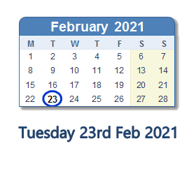 23 February 2021 calendar