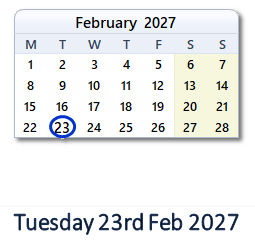 23 February 2027 calendar