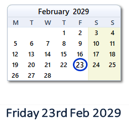 23 February 2029 calendar