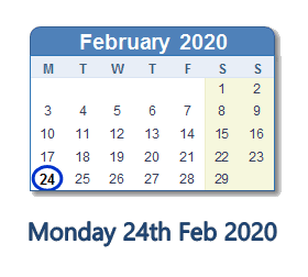 24 February 2020 calendar
