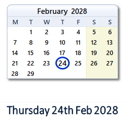 24 February 2028 calendar