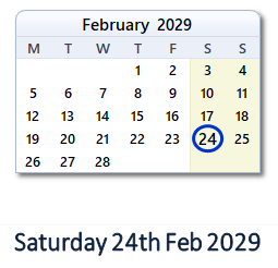 24 February 2029 calendar