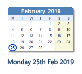 25 February 2019 calendar