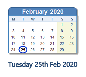25 February 2020 calendar