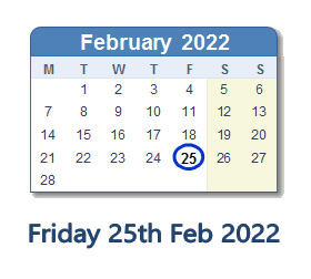 25 February 2022 calendar