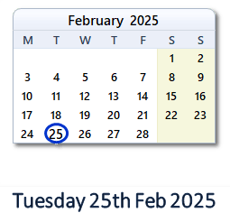 25 February 2025 calendar