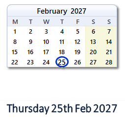 25 February 2027 calendar