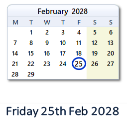 25 February 2028 calendar