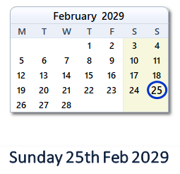 25 February 2029 calendar