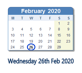 26 February 2020 calendar